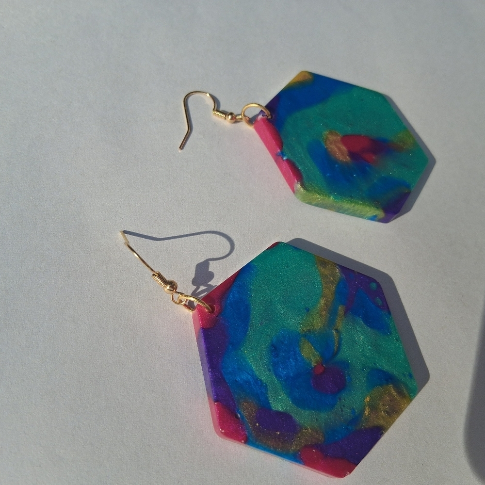 Hand Crafted Multicolor Hexagon Earrings - Picture 4 of 5